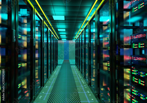 Data center. Server racks operate in a modern cloud computing facility delivering secure data storage, AI processing, enterprise networking and high performance computing infrastructure. 3D image