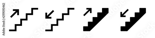 Stairs icon set. Steps, stairwell, staircase, stair, upward, downward, stairway symbol on white background - stock vector.