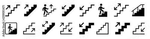 Stairs icon set. Steps, stairwell, staircase, stair, upward, downward, stairway symbol on white background - stock vector.
