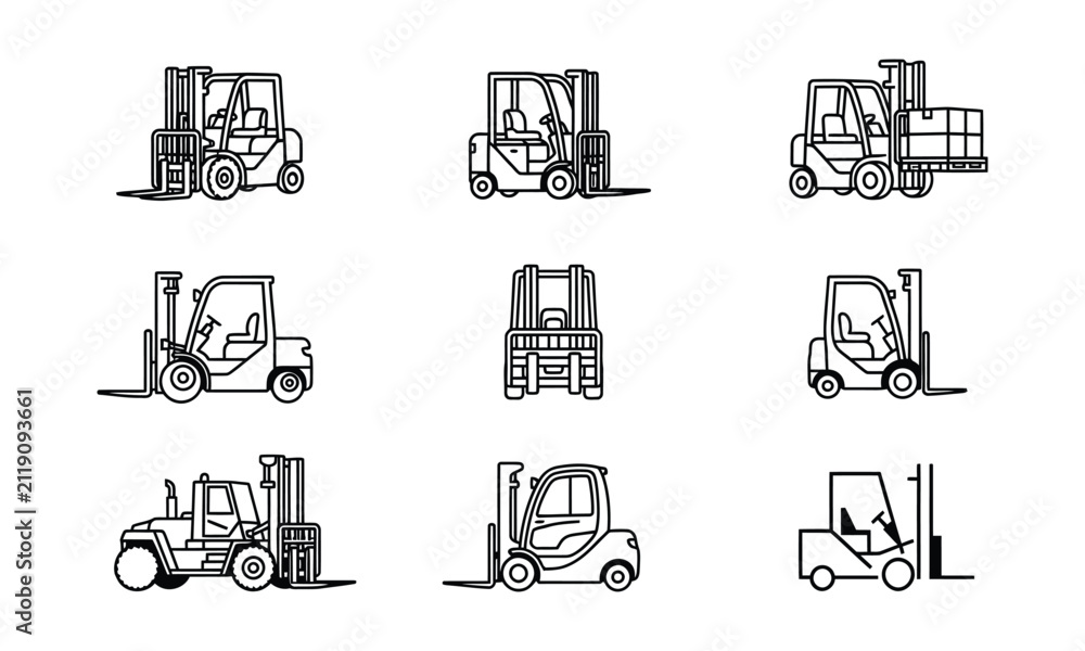 Fototapeta premium Forklift Outline Vector Icon Pack for Warehouse Logistics and Material Handling