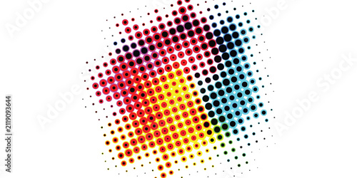 colorful abstract pixelated square pattern with red yellow blue green dots in halftone style