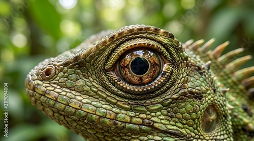 Close-up Macro Eye of Green Lizard with Textured Scales