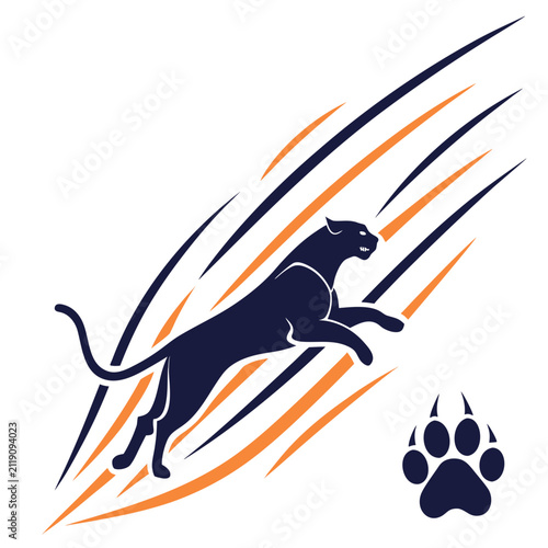 Panther silhouette jumping through orange and dark blue claw marks with a paw print on white ground
