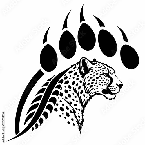 Leopard head profile silhouette with a paw print and claw marks in black on a white background desi