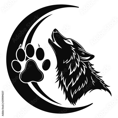 Silhouette of a howling wolf head profile with a paw print inside a crescent moon on white... night