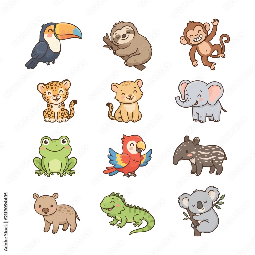 Fototapeta premium Colorful cartoon jungle animals collection.