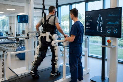 Patient undergoing physical therapy using robotic exoskeleton device