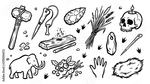 Foto Prehistoric stone age tools and artifacts line art collection