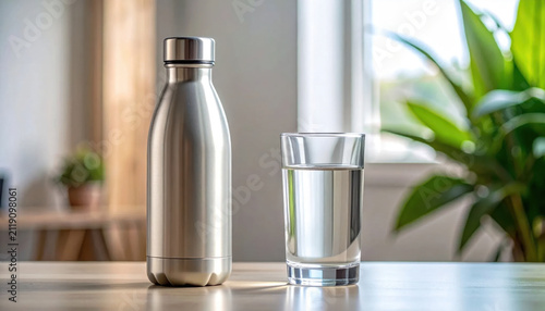Stainless steel bottle and glass water on table in bright room