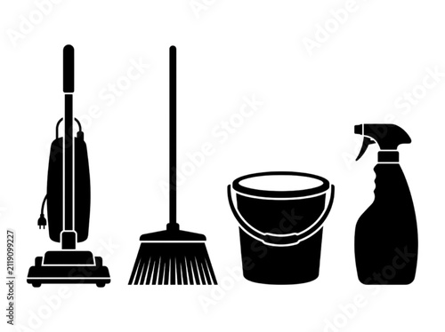 Essential household cleaning equipment silhouettes for maintaining a hygienic and tidy home environment