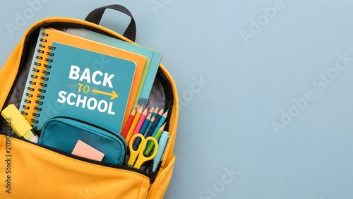 Bright yellow backpack, perfectly packed with colorful notebooks, pencils, and essential school supplies, ready for the exciting 