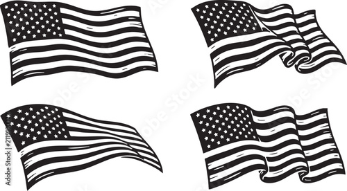 Set of four black and white hand drawn sketch style american flags waving