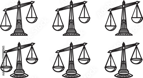 Fotografie Set of six black law scales icons representing justice and legal court systems