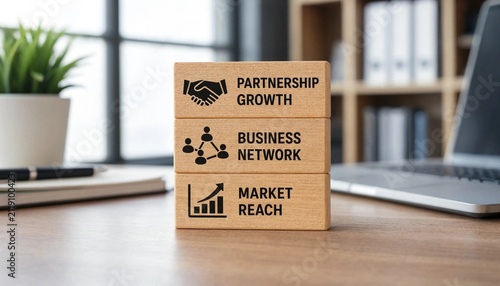 Stacked cardboard blocks illustrating partnership growth business network and market reach on office desk