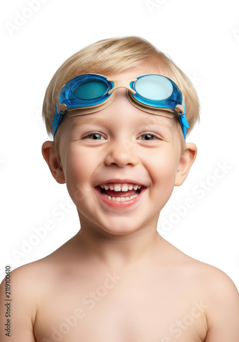 close-up portrait of a fair-haired caucasian toddler, shirtless, wearing swimming goggles on the forehead, grinning joyfully in high-key studio light against a transparent background. concept of