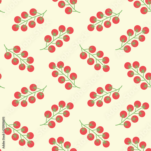 Seamless pattern of red cherry tomatoes. Vector illustration, flat style. Vegetable background.