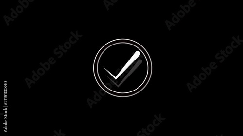 Minimalist animated checkmark on black background, for UI,UX and digital interfaces, tick animation motion. 