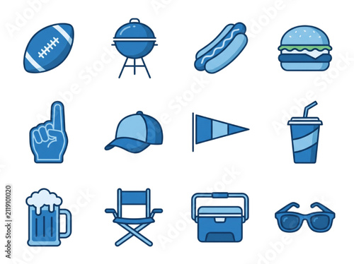 Tailgate party icons set featuring football grill burger hotdog beer cooler elements