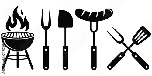barbecue grill icon set, featuring BBQ tools, flaming charcoal grill, outdoor cooking equipment, summer picnic essentials, party accessories, clean vector design, editable symbols, modern flat style, 