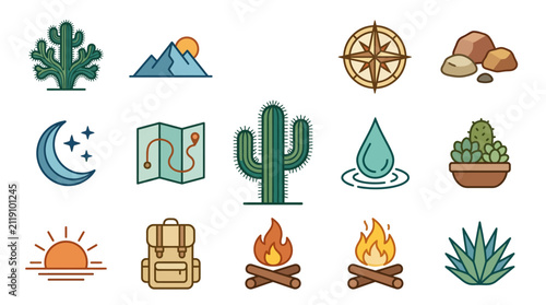 Outdoor camping and desert nature travel icons