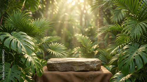 Stone display block sits on a cloth-covered table in a dense tropical garden.