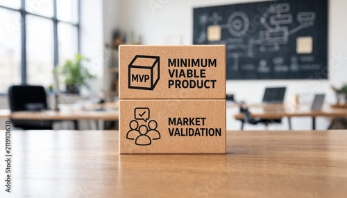 Conceptual illustration showing minimum viable product and market validation in an office workspace setting