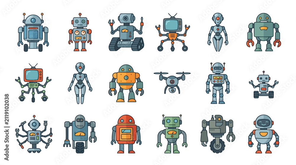 Fototapeta premium Set of cute character robot and droid icons.