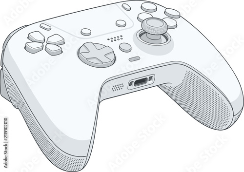 Detailed vector illustration of a modern white video game controller with textured grips shown angled
