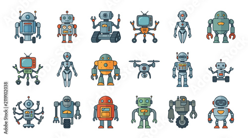 Fotografía Set of cute character robot and droid icons.