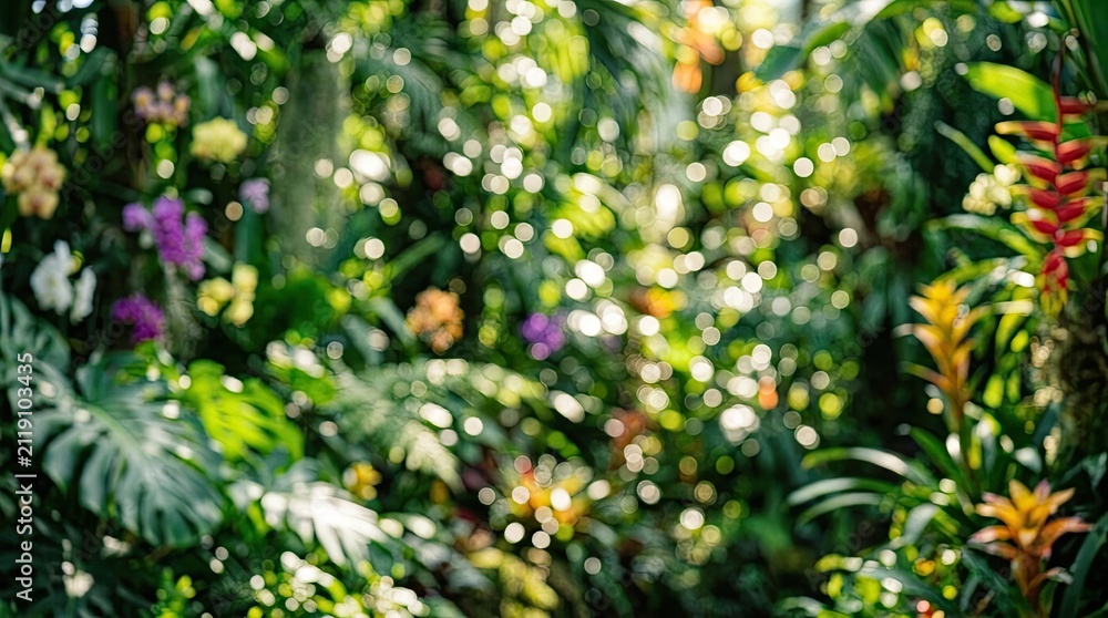 Fototapeta premium Lush Green Bokeh Background with Soft Natural Light. Blurred Tropical Foliage for Copy Space.