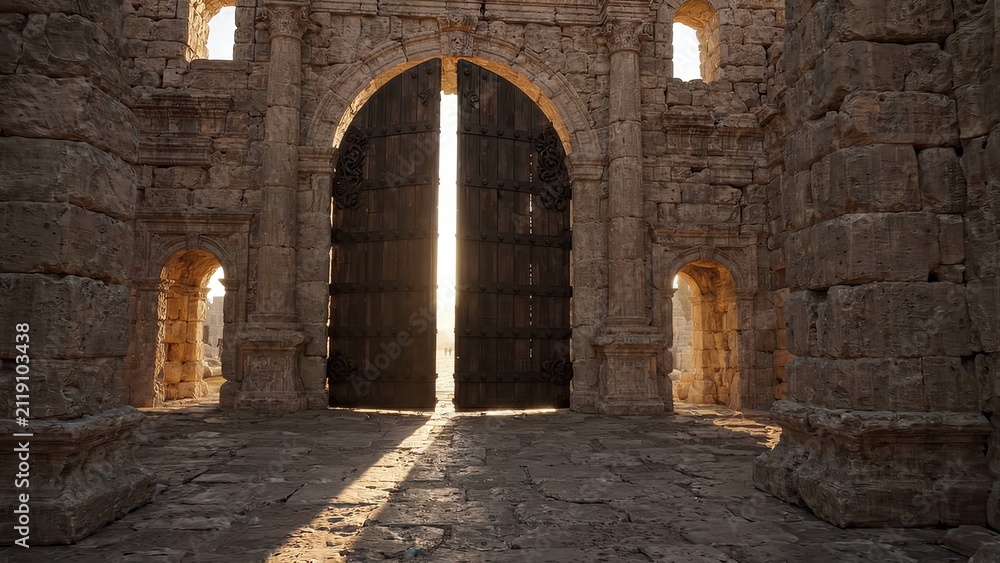 Fototapeta premium Ancient stone archway with large wooden doors partially open, revealing a sunlit pathway and distant structures in a historical site at sunset