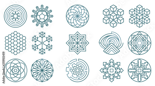 Foto Blue line art geometric mandalas and symmetry symbols