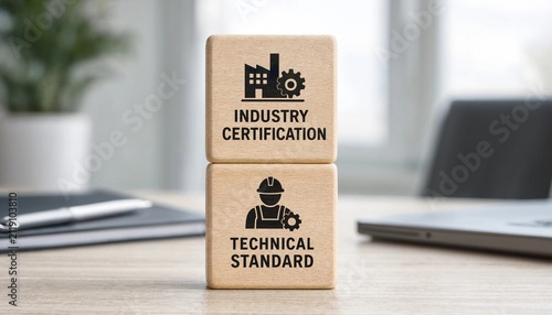 Wooden blocks illustrating industry certification and technical standards with factory and worker icons on a desk