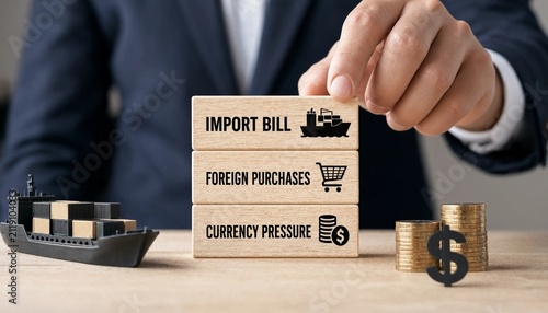 Business professional handling blocks illustrating import bill challenges foreign purchases and currency pressure with financial elements