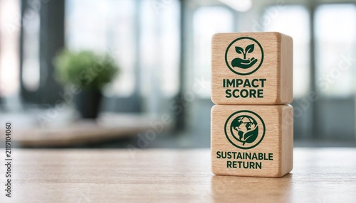 Wooden blocks displaying impact score and sustainable return concepts with eco friendly symbols in modern office setting