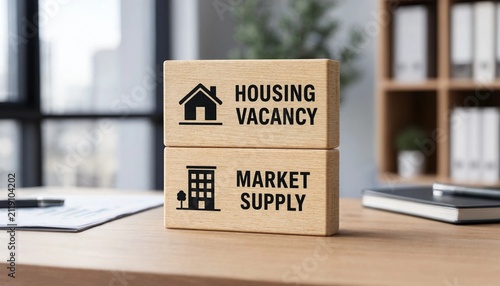 Wooden blocks illustrating housing vacancy and market supply concepts on a modern office desk