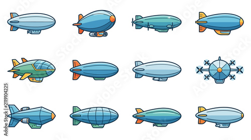 Assorted airship and dirigible blimp vector designs.