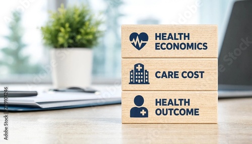 Wooden blocks illustrating key concepts in health economics including care cost and health outcome on modern office desk
