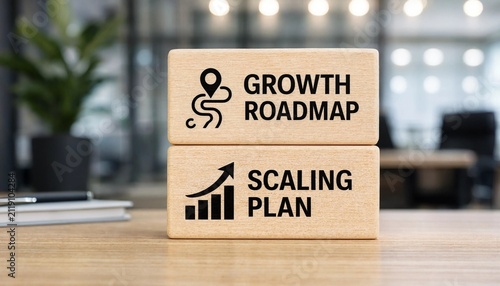 Two wooden blocks displaying growth roadmap and scaling plan concepts on a modern office desk