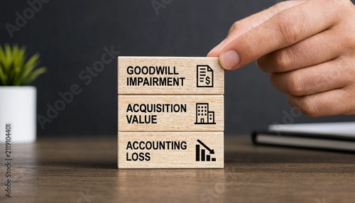 Hand placing wooden block labeled goodwill impairment on stack of blocks representing accounting concepts