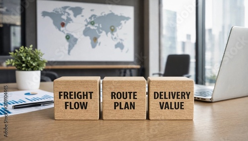Modern office workspace showing wooden blocks with freight flow route plan and delivery value concepts on desk