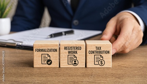 Professional stacking wooden blocks showing business registration process with tax contribution concept on wooden desk