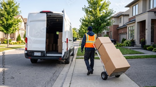 Residential Delivery Logistics with Courier Loading Boxes into White Cargo Van