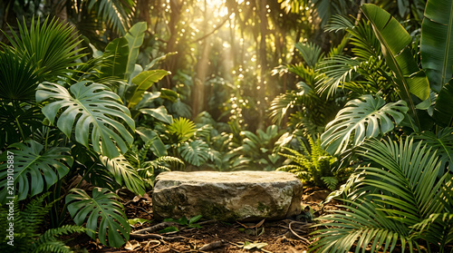Stone pedestal sits amidst lush tropical foliage in a sunlit jungle clearing.