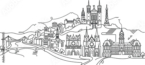 Lyon France Skyline Continuous One Line Drawing with Fourvière Basilica, Saint Jean Cathedral, Historic Buildings, and Famous City Landmarks Vector Illustration
