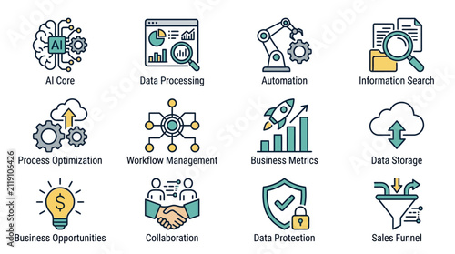 Creative AI and Business Process Optimization Icons Set with Colorful Illustrations and Gear Symbols