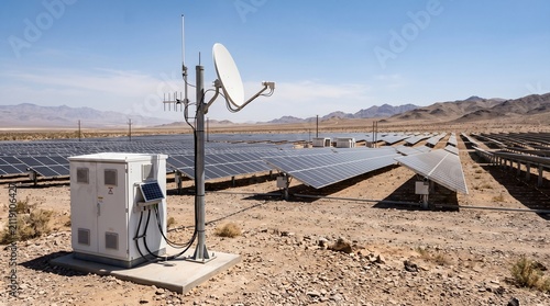 Outdoor Edge Computing Cabinet With a Small Solar Panel and a Mast Carrying a Parabolic Dish and Antennas Standing in Front of a Desert Photovoltaic Array Remote Technology