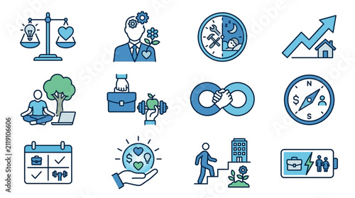 Industrial Style Icons Set Blue Themed Illustrations Featuring Work Life Balance Productivity Finance Growth and Career Development
