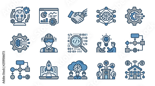 Elegant Monochromatic Icons Set Featuring Modern Technology Industry Innovation and Digital Concepts in Blue Grey Tones