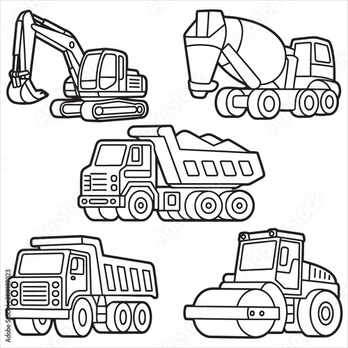 Set of construction vehicles including excavator cement mixer dump truck and road roller for children coloring book page